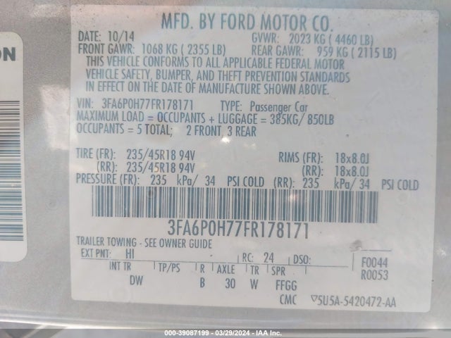 Ford FUSION SE 2015 3FA6P0H77FR178171 Image 9