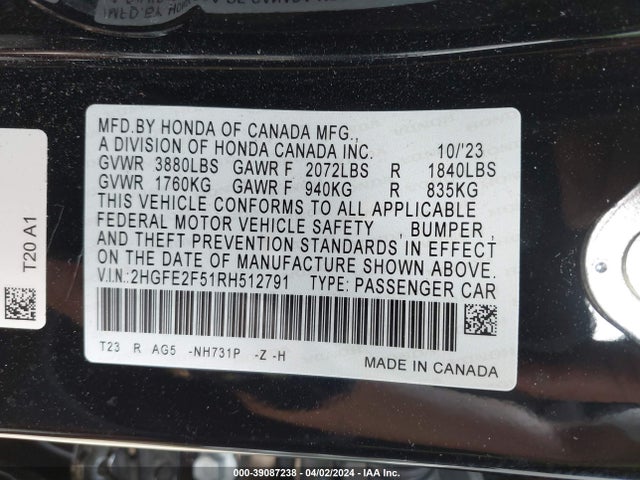 Honda Civic Sport 2024 2HGFE2F51RH512791 Image 9