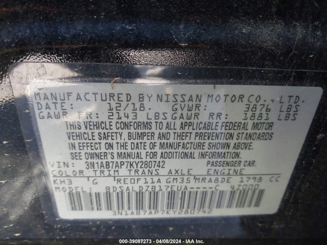 Nissan SENTRA SV 2019 3N1AB7AP7KY280742 Image 9