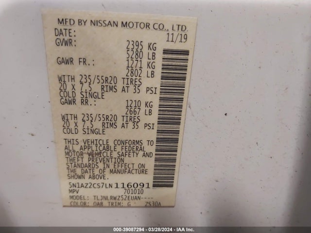 Nissan Murano Sl Intelligent Awd 2020 5N1AZ2CS7LN116091 Image 9