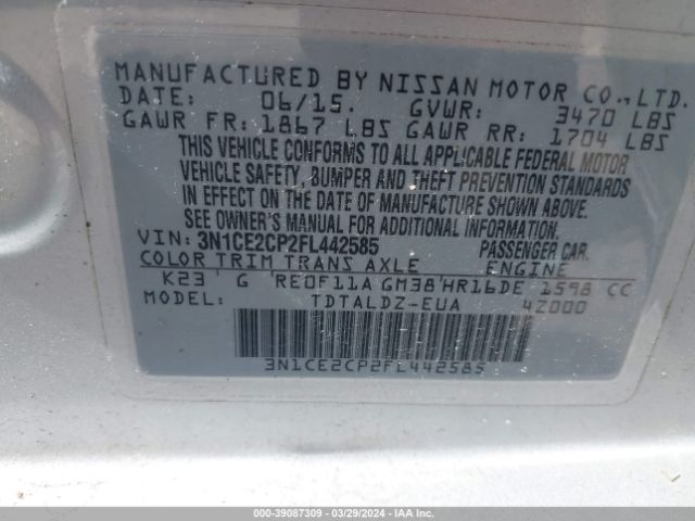 3N1CE2CP2FL442585 Nissan Versa Note Sv
