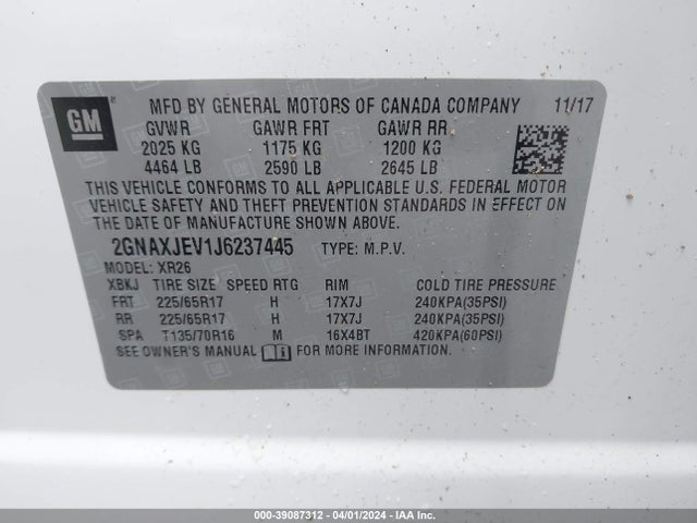Chevrolet EQUINOX LT 2018 2GNAXJEV1J6237445 Image 9