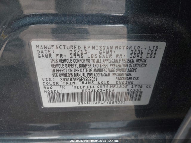 Nissan SENTRA SL 2015 3N1AB7AP6FY289051 Image 9