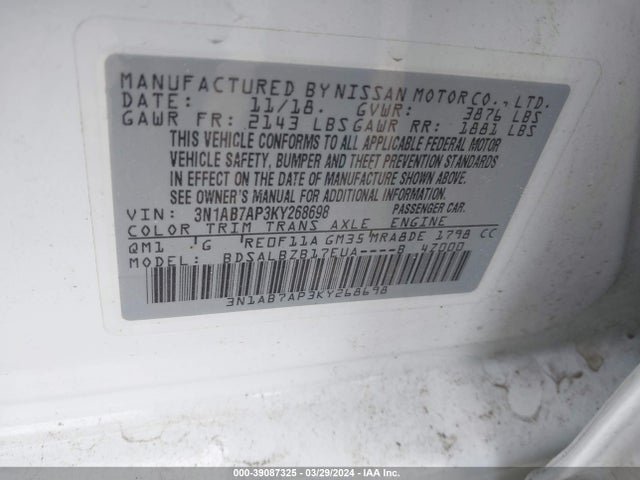 Nissan SENTRA S 2019 3N1AB7AP3KY268698 Image 9