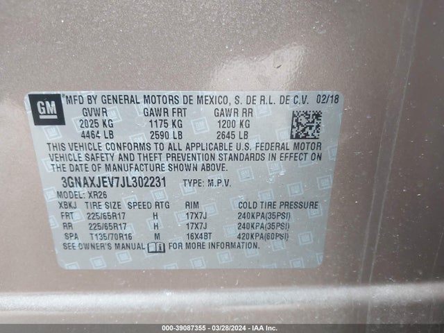 Chevrolet EQUINOX LT 2018 3GNAXJEV7JL302231 Image 9