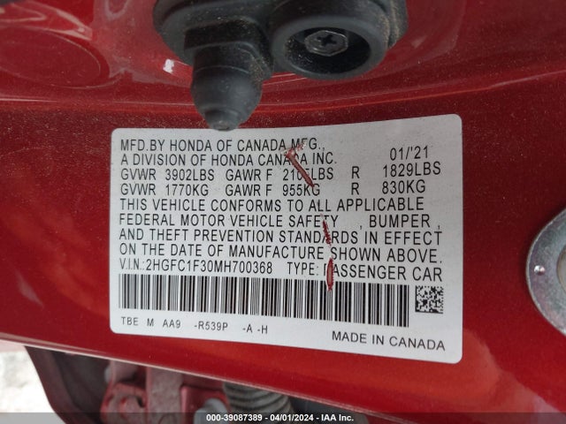 Honda CIVIC EX 2021 2HGFC1F30MH700368 Image 9