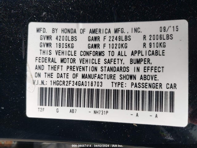 Honda ACCORD LX 2016 1HGCR2F34GA018703 Image 9