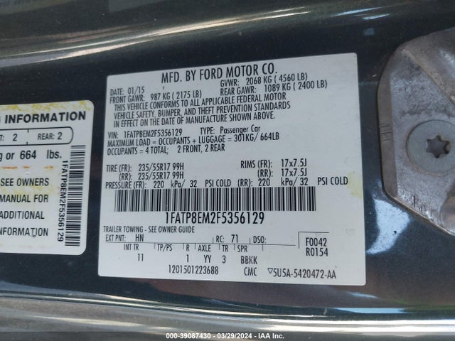 Ford Mustang V6 2015 1FATP8EM2F5356129 Image 9