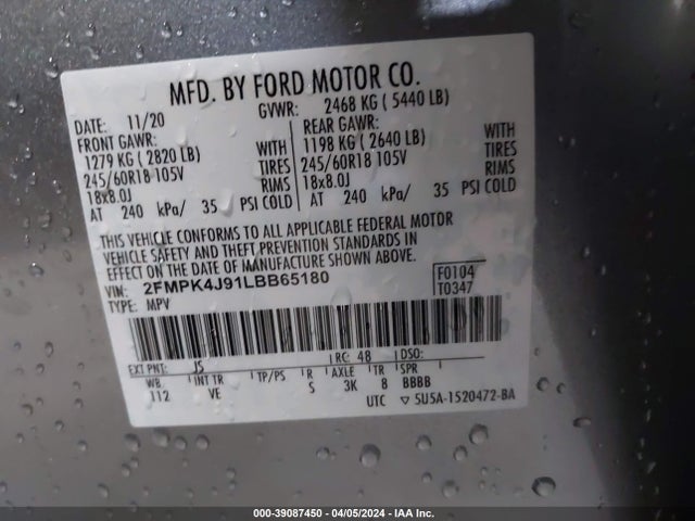 Ford EDGE SEL 2020 2FMPK4J91LBB65180 Image 9