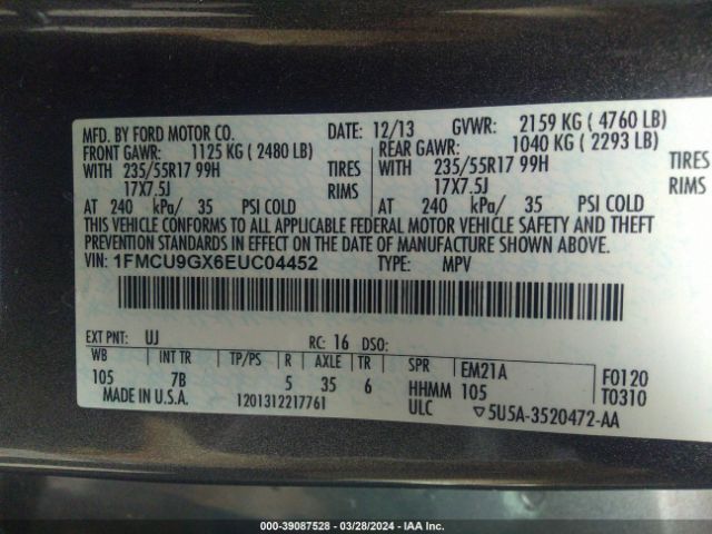 1FMCU9GX6EUC04452 Ford ESCAPE SE