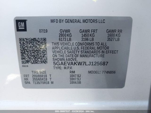 5GAEVAKW7LJ125687 Buick Enclave Awd Essence
