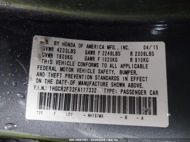 Honda ACCORD LX 2015 1HGCR2F32FA177332 Image 9