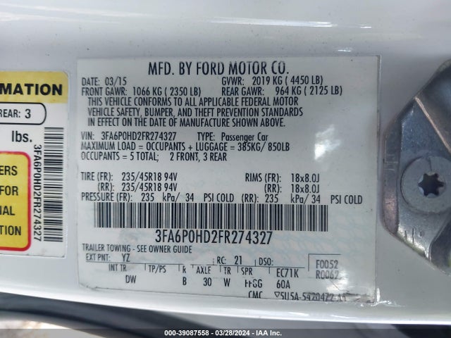 Ford FUSION SE 2015 3FA6P0HD2FR274327 Image 9