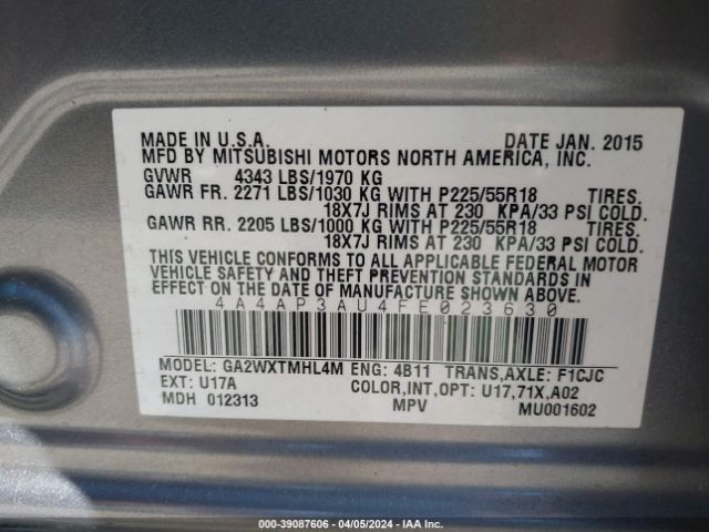 4A4AP3AU4FE023630 Mitsubishi Outlander Sport Es