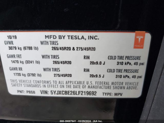 5YJXCBE26LF219692 Tesla Model X Long Range Dual Motor All-wheel Drive/long Range Plus Dual Motor All-wheel Drive