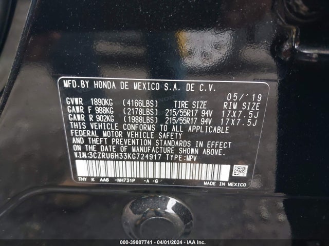 Honda HR-V LX 2019 3CZRU6H33KG724917 Image 9