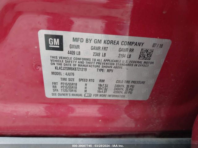 KL4CJ2SM6KB721219 Buick Encore Awd Sport Touring