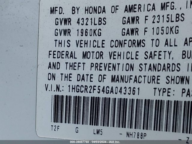 1HGCR2F54GA043361 Honda Accord Sport