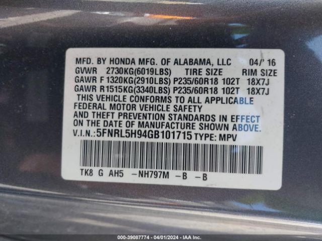 5FNRL5H94GB101715 Honda Odyssey Touring/touring Elite