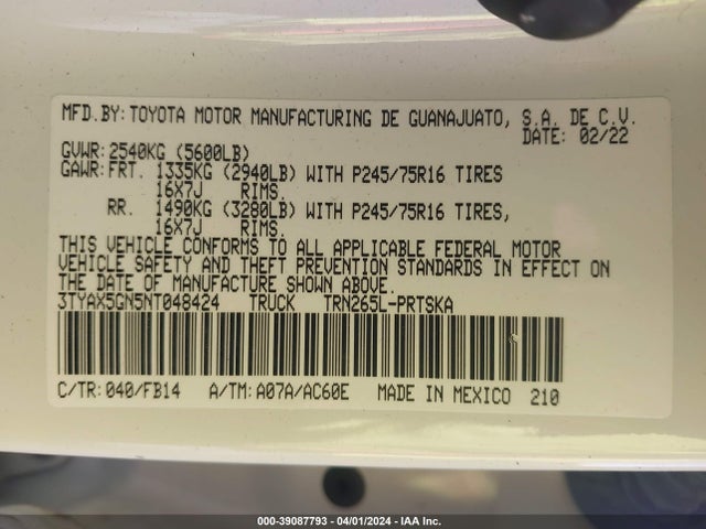 Toyota Tacoma Sr 2022 3TYAX5GN5NT048424 Image 9