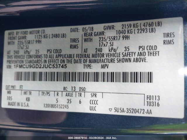 2018 FORD ESCAPE 1FMCU9GD2JUC53745 Photo 8