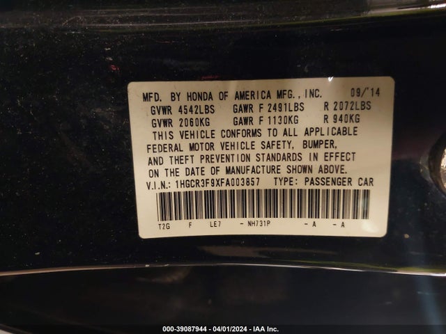 Honda Accord Touring 2015 1HGCR3F9XFA003857 Image 9
