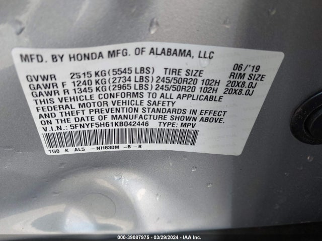 Honda Pilot Touring 2019 5FNYF5H61KB042446 Image 9