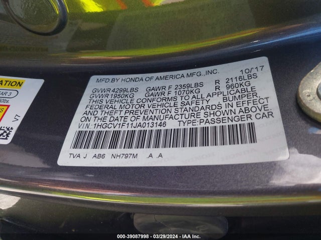 Honda ACCORD LX 2018 1HGCV1F11JA013146 Image 9