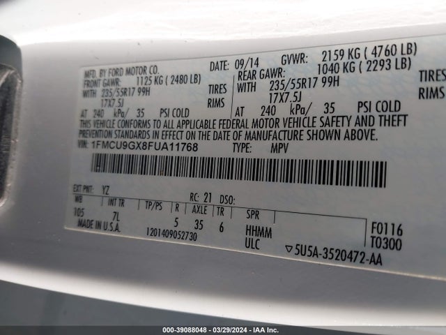Ford ESCAPE SE 2015 1FMCU9GX8FUA11768 Image 9