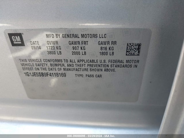 Chevrolet Sonic Ltz Auto 2015 1G1JE5SB9F4118169 Image 9