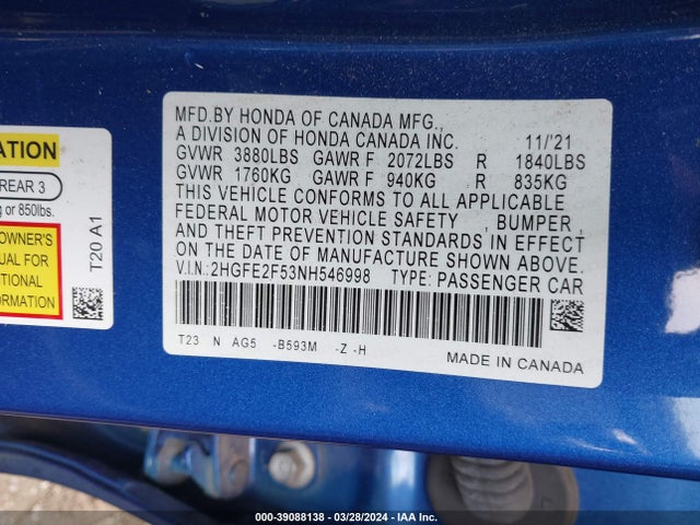 Honda Civic Sport 2022 2HGFE2F53NH546998 Image 9