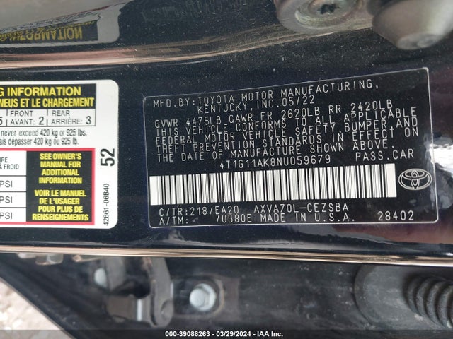 Toyota CAMRY SE 2022 4T1G11AK8NU059679 Image 9