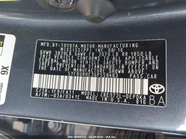 5YFBURHE3GP559463 Toyota COROLLA L