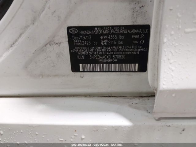 5NPEB4ACXEH870820 Hyundai SONATA GLS