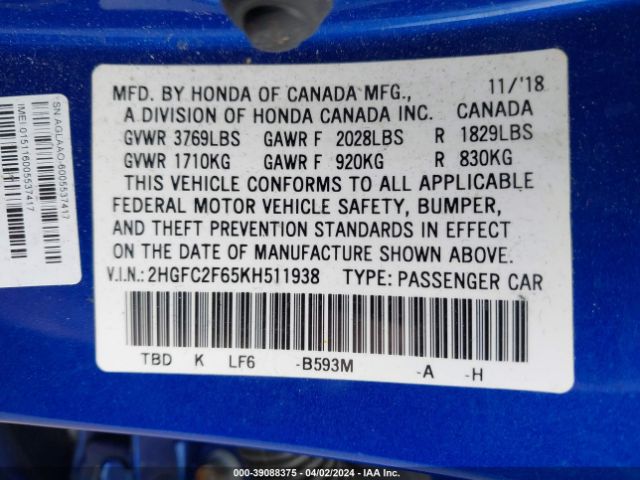 2HGFC2F65KH511938 Honda Civic Lx