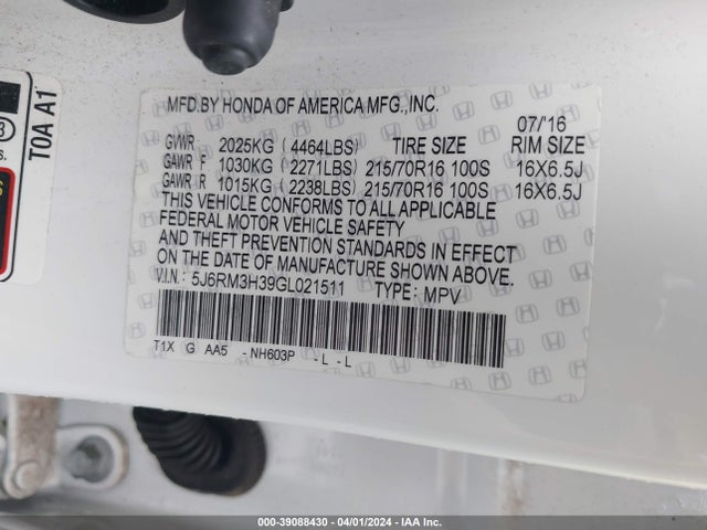 Honda CR-V LX 2016 5J6RM3H39GL021511 Image 9