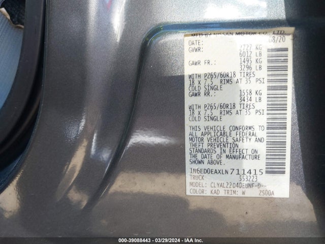 Nissan Frontier Sv 4x2 2020 1N6ED0EAXLN711415 Image 9