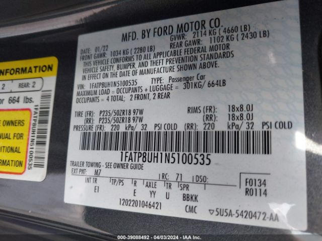 1FATP8UH1N5100535 Ford Mustang Ecoboost Premium