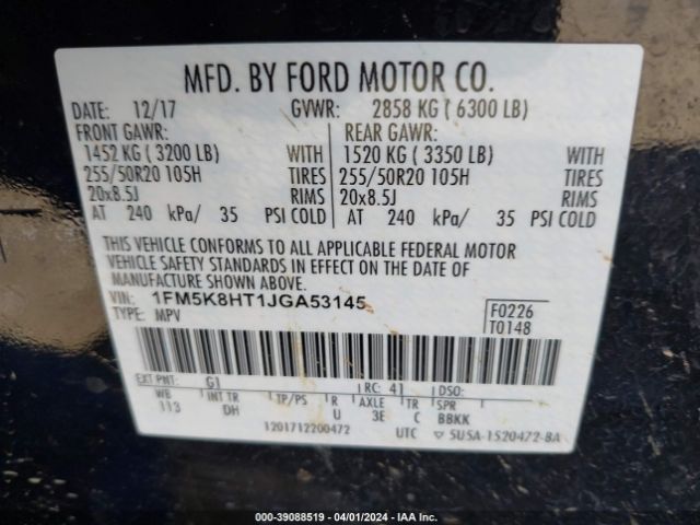 1FM5K8HT1JGA53145 Ford Explorer Platinum