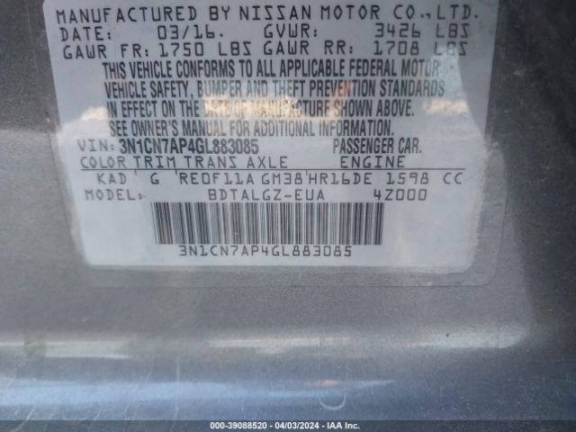 3N1CN7AP4GL883085 Nissan Versa 1.6 Sl
