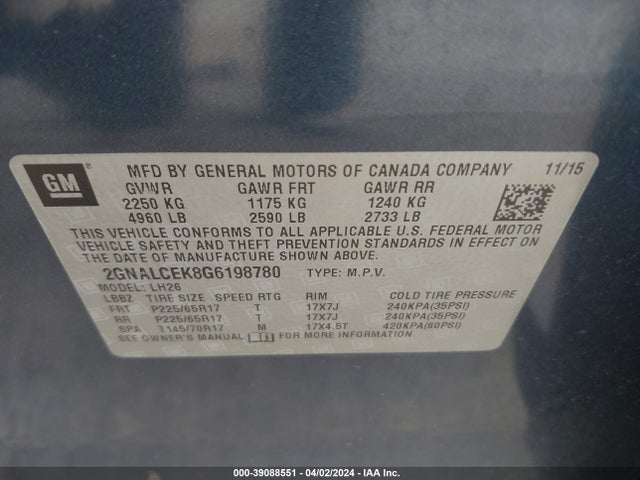 Chevrolet EQUINOX LT 2016 2GNALCEK8G6198780 Image 9