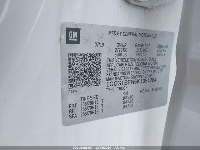 Chevrolet Colorado Wt 2019 1GCGTBEN6K1354284 Image 9