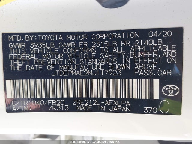 Toyota COROLLA LE 2021 JTDEPMAE2MJ117923 Image 9