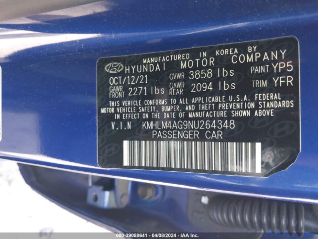 KMHLM4AG9NU264348 Hyundai ELANTRA SEL