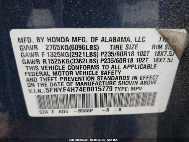 Honda Pilot Ex-l 2014 5FNYF4H74EB015779 Image 9