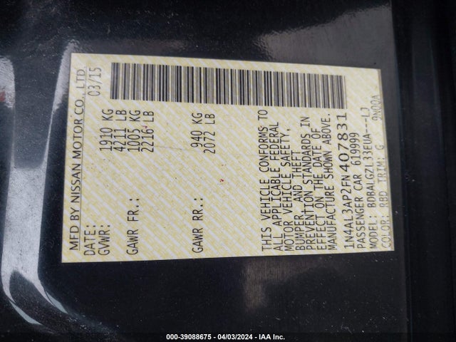 Nissan Altima 2.5 S 2015 1N4AL3AP2FN407831 Image 9