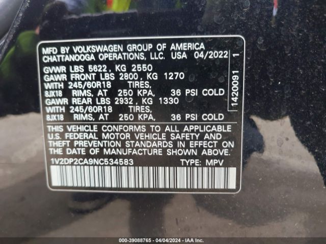 1V2DP2CA9NC534583 Volkswagen Atlas 2.0t Se