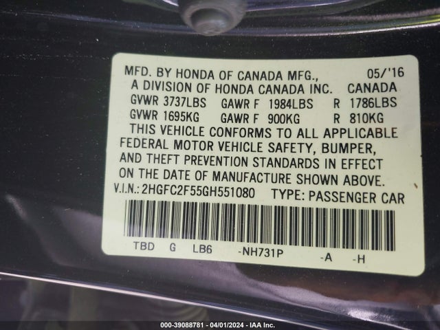 Honda Civic Lx 2016 2HGFC2F55GH551080 Image 9