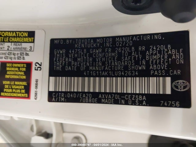39088797 :رقم المزاد ، 4T1G11AK1LU942634 vin ، 2020 Toyota Camry Se مزاد بيع