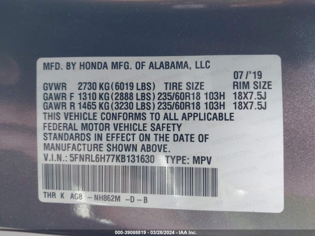 Honda Odyssey Ex-l 2019 5FNRL6H77KB131630 Image 9